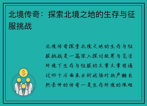 北境传奇：探索北境之地的生存与征服挑战